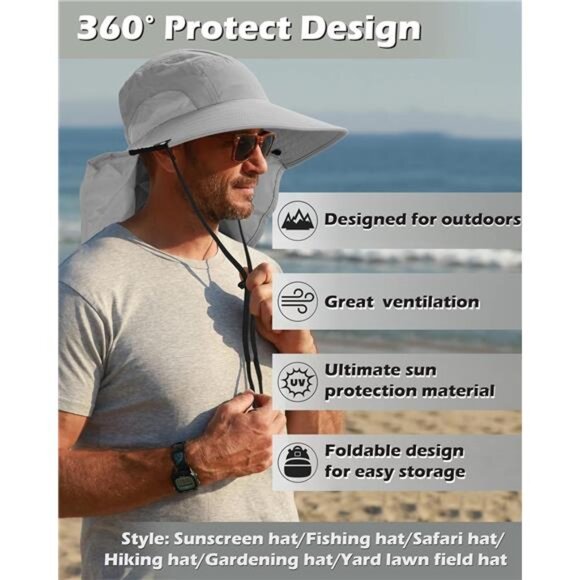Neck Flap Sun Hat with Wide Brim - UPF 50+ Hiking Safari Fishing Caps for Men - Picture 4 of 7